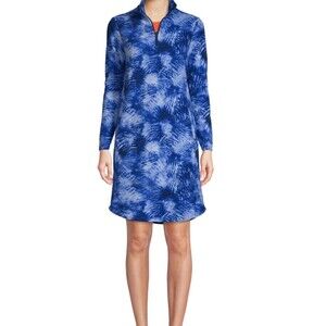 LANDS END Long Sleeve Fleece Quarter Zip Dress Blue Palm Pockets Cozy Size Small